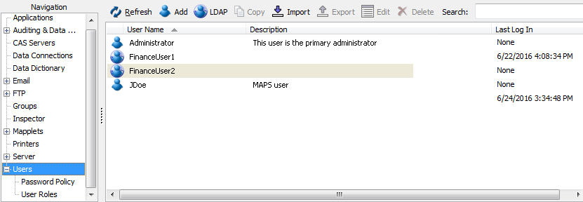 Users screen showing the newly added FinanceUser2 LDAP user